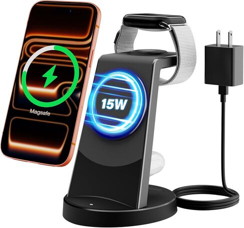 MagSafe Charger 15W Magnetic 3-in-1 Wireless Charging Station for Apple | Phone and Watch Charger for Apple Multiple Devices - iPhone Air 17 16 15 14 13 12 Pro Max, Watch and AirPods-Matte Black in Saudi Arabia