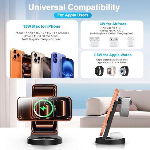MagSafe Charger 15W Magnetic 3-in-1 Wireless Charging Station for Apple | Phone and Watch Charger for Apple Multiple Devices - iPhone Air 17 16 15 14 13 12 Pro Max, Watch and AirPods-Matte Black in Saudi Arabia