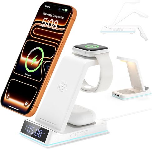 Wireless Charging Station, 7 in 1 Wireless Charger Foldable Charger Stand | 2026 Upgraded with Night Light/Alarm Clock for iPhone 17-12 Pro Max Plus, Apple Watch, AirPods Gifts in Saudi Arabia