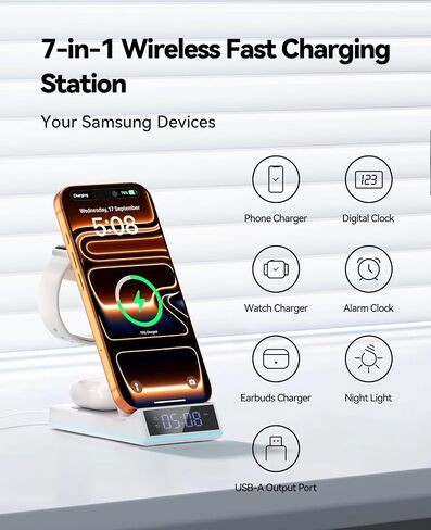 Wireless Charging Station, 7 in 1 Wireless Charger Foldable Charger Stand | 2026 Upgraded with Night Light/Alarm Clock for iPhone 17-12 Pro Max Plus, Apple Watch, AirPods Gifts in Saudi Arabia