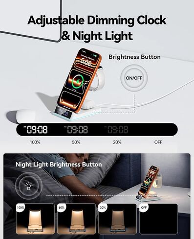 Wireless Charging Station, 7 in 1 Wireless Charger Foldable Charger Stand | 2026 Upgraded with Night Light/Alarm Clock for iPhone 17-12 Pro Max Plus, Apple Watch, AirPods Gifts in Saudi Arabia