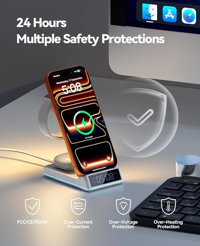 Wireless Charging Station, 7 in 1 Wireless Charger Foldable Charger Stand | 2026 Upgraded with Night Light/Alarm Clock for iPhone 17-12 Pro Max Plus, Apple Watch, AirPods Gifts in Saudi Arabia