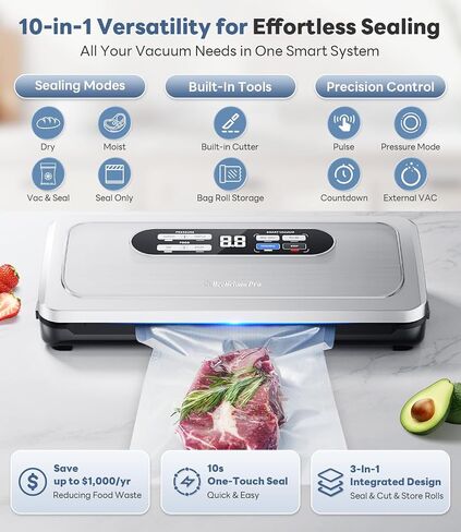 Vacuum Sealer Machine with AirLock ProSeal System, 10-in-1 Vacuum Sealer for Food, Moist/Dry Sealing Modes, Compact Design with Digital Timer, Built-in Cutter & Roll Storage, Silver-Blue in Saudi Arabia