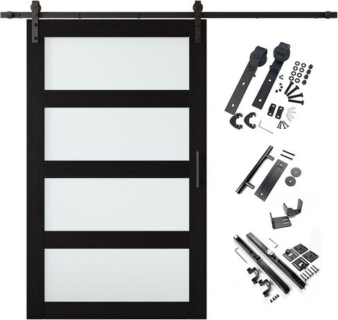Black 40x80 in. Sliding Barn Door, 4-Lite Frosted Glass,Assembly Required, Finished Sliding Barn Door, with 7 ft Single Door Hardware Kit, Interior Use in Saudi Arabia