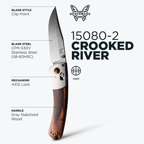 Benchmade Crooked River Hunting Knife, S30V Steel Blade (15080-2) | Dark Brown Wood handle with black bolster, Clip-Point blade in Kuwait