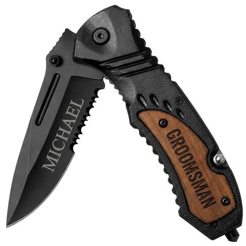 Personalized Pocket Knife for Men – Custom Laser Engraved Text, Spring Assisted Folding Knife with Wood Handle – Groomsmen, Father's Day, Camping EDC Gift in Kuwait