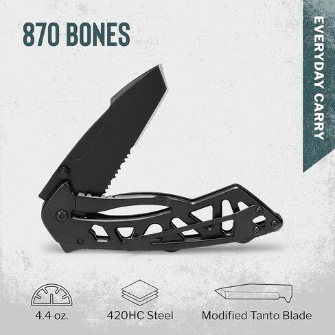 سكين جيب باك سكاكين 870 عظمة قابلة للطي EDC، أسود، 4.4 أونصة | شفرة فولاذية Tanto 420HC معدلة مقاس 3 بوصات، مقبض من الفولاذ المقاوم للصدأ، سكين قابل للطي متعدد الاستخدامات للحمل اليومي والتخييم in Kuwait