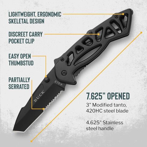 سكين جيب باك سكاكين 870 عظمة قابلة للطي EDC، أسود، 4.4 أونصة | شفرة فولاذية Tanto 420HC معدلة مقاس 3 بوصات، مقبض من الفولاذ المقاوم للصدأ، سكين قابل للطي متعدد الاستخدامات للحمل اليومي والتخييم in Kuwait