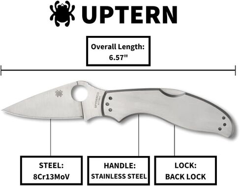 Spyderco UpTern Folding Pocket Knife, PlainEdge | 6.57" Overall Length, 2.8" 8Cr13MoV Steel Blade, Stainless Steel Handle, Back-Lock, Full-Flat Grind in Saudi Arabia
