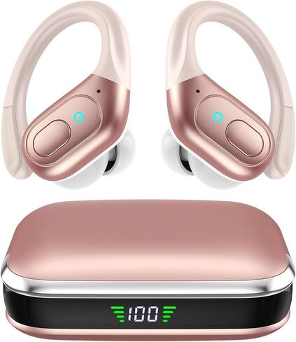 sajawass Wireless Earbuds Bluetooth 5.4 Headphones, IPX7 Waterproof Earphones, Over-Ear Earphones, Noise Canceling Ear Buds with 75hr Playtime, LED Power Display for Sports/Workouts - Rose Gold in Saudi Arabia
