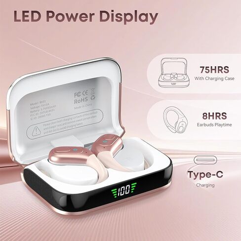 sajawass Wireless Earbuds Bluetooth 5.4 Headphones, IPX7 Waterproof Earphones, Over-Ear Earphones, Noise Canceling Ear Buds with 75hr Playtime, LED Power Display for Sports/Workouts - Rose Gold in Saudi Arabia