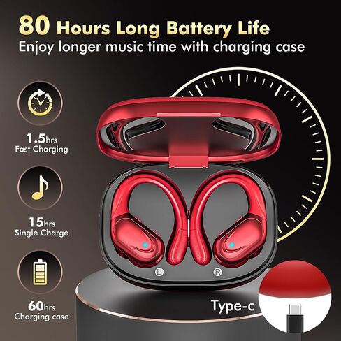 HAOYUYAN Sports Bluetooth Headphones, 80Hrs Playtime Wireless Earbuds with LED Power Display, IPX7 Waterproof Earphones for Workout/Running, Noise Canceling Headset Ear Buds in Saudi Arabia