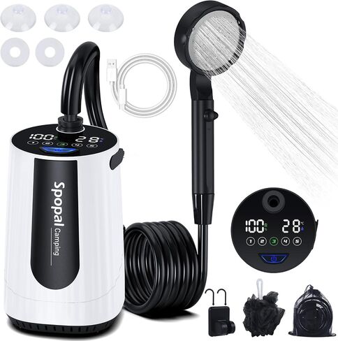 Spopal Portable Shower for Camping, [Upgraded] 10000mAh Rechargeable- White | Camping Shower with 5 Adjustable Speeds,Premium LED Display, IPX8 Waterproof Outdoor Shower Kit for Hiking, Car, Pet, Travel in Saudi Arabia