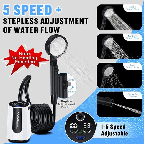 Spopal Portable Shower for Camping, [Upgraded] 10000mAh Rechargeable- White | Camping Shower with 5 Adjustable Speeds,Premium LED Display, IPX8 Waterproof Outdoor Shower Kit for Hiking, Car, Pet, Travel in Saudi Arabia
