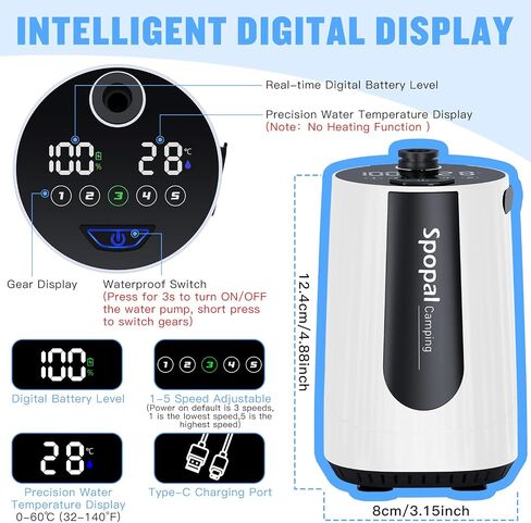 Spopal Portable Shower for Camping, [Upgraded] 10000mAh Rechargeable- White | Camping Shower with 5 Adjustable Speeds,Premium LED Display, IPX8 Waterproof Outdoor Shower Kit for Hiking, Car, Pet, Travel in Saudi Arabia