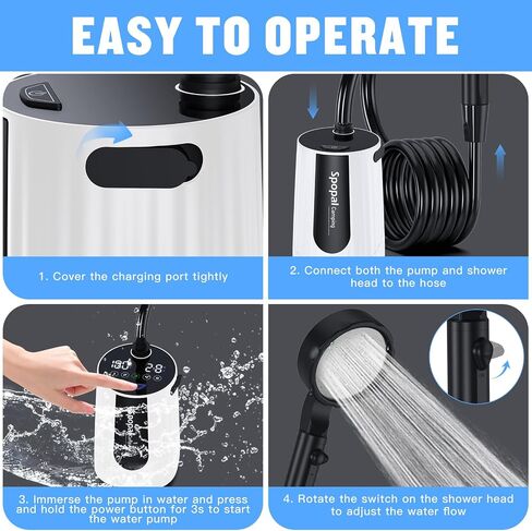 Spopal Portable Shower for Camping, [Upgraded] 10000mAh Rechargeable- White | Camping Shower with 5 Adjustable Speeds,Premium LED Display, IPX8 Waterproof Outdoor Shower Kit for Hiking, Car, Pet, Travel in Saudi Arabia