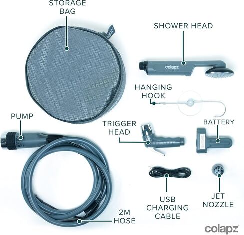 Colapz 12V Camping Shower Portable - High Pressure Outdoor USB Rechargeable Camping Shower - Kit with 9 Gallon Water Bag - Van Life RV Beach Hiking Dog Washing in Saudi Arabia
