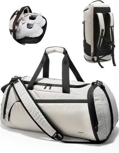 LUGGEX Duffle Backpack with Shoe Compartment, 40L Expandable Gym Travel Bag | Expands 40L to 45L, wet pocket, luggage sleeve, hidden backpack straps, recycled nylon, carry on friendly, TDX01, Ivory in Saudi Arabia