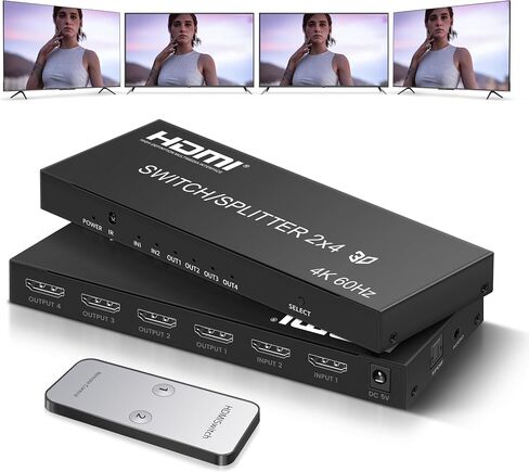 4K@60Hz HDMI Matrix Switch 2 in 4 Out with IR Remote, SPDIF & 3.5mm Audio | HDR10, HDCP2.2, 3D Support for PS5/PS4, Xbox, Fire Stick, TV, Monitor and More in Saudi Arabia