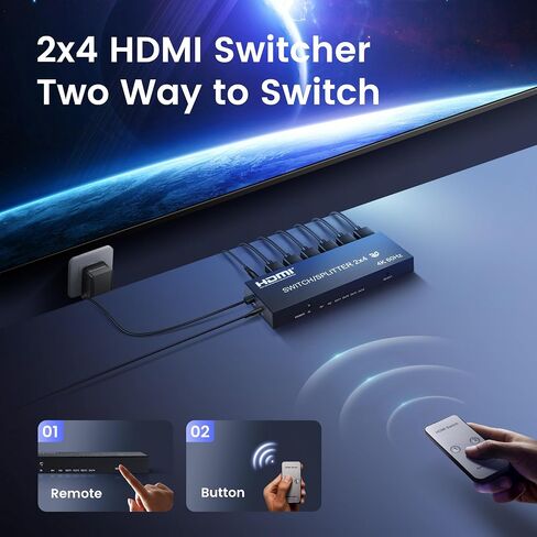 4K@60Hz HDMI Matrix Switch 2 in 4 Out with IR Remote, SPDIF & 3.5mm Audio | HDR10, HDCP2.2, 3D Support for PS5/PS4, Xbox, Fire Stick, TV, Monitor and More in Saudi Arabia