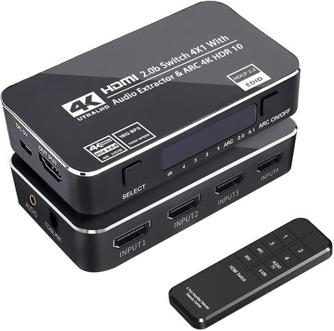 HDMI Switch 4x1 with Audio Extractor, 4K@60Hz Ultra HD HDMI Switcher with Optical TOSLINK SPDIF, 3.5mm Audio Support ARC Function, 3D, 1080P @120Hz, 4Kx2k @60Hz HDTV (IR Remote Control) in Saudi Arabia