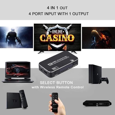 HDMI Switch 4x1 with Audio Extractor, 4K@60Hz Ultra HD HDMI Switcher with Optical TOSLINK SPDIF, 3.5mm Audio Support ARC Function, 3D, 1080P @120Hz, 4Kx2k @60Hz HDTV (IR Remote Control) in Saudi Arabia