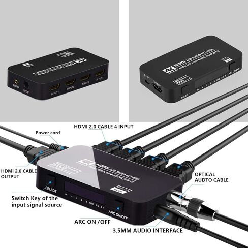 HDMI Switch 4x1 with Audio Extractor, 4K@60Hz Ultra HD HDMI Switcher with Optical TOSLINK SPDIF, 3.5mm Audio Support ARC Function, 3D, 1080P @120Hz, 4Kx2k @60Hz HDTV (IR Remote Control) in Saudi Arabia