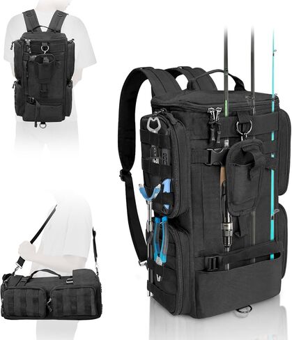 LIWSHWZ Fishing Tackle Backpack with Rod Holders,20L Lightweight Fishing Bag Storage Tackle Box Backpack for 3600 or 3700 Trays,Water Resistant Tackle Bag with Four Pockets (8.66" x 5.90" x17.52") in Kuwait