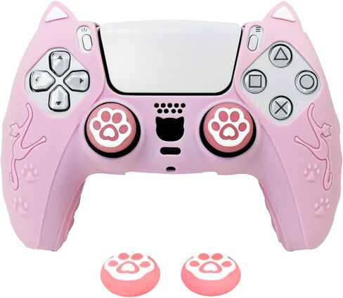 Pink Cat Ear PS5 Controller Cover - Cute Silicone Skin with Cat & Paw Prints + 2 Matching Cat Paw Thumbstick Caps | Kawaii Non-Slip Grip for PlayStation 5 Controller in Saudi Arabia