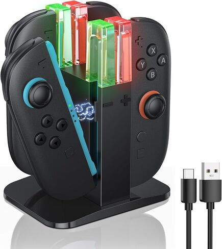 قاعدة شحن وحدة التحكم KINWIN Switch 2 لنينتندو سويتش 2 لـ Joycon 2 | قاعدة شحن 4 في 1 سريعة التبديل 2 لوحدة التحكم، حامل شاحن مغناطيسي، كابل شحن لملحقات Joycon 2، أسود in Kuwait