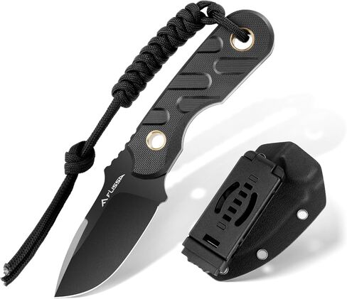FLISSA 7" Full Tang Fixed Blade Knife with Kydex Sheath and Emergency Rope | D2 Steel Blade, G10 Handle, Camping, Hiking, Black, EDC, Gift for Men, Outdoor, Rust Resistant in Saudi Arabia