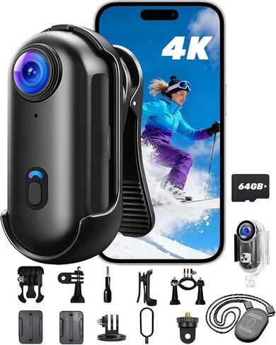 Action Camera 4K, Mini Body Camera with Audio and Video Recording 64GB Card | Wi-Fi Magnetic Hands-Free with Waterproof Case & Rotatable Clip for Vlogging Traveling Outdoors in Saudi Arabia