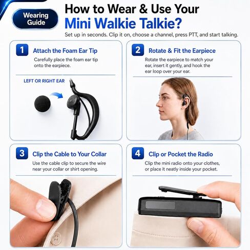 Mini Walkie Talkies with Earpiece, Ultralight Clip-On Two Way Radios | 0.9 ounces Ultra Lightweight Design 48-Hour Standby Battery Life Perfect for Restaurants, Hotels & Retail Teams in Saudi Arabia
