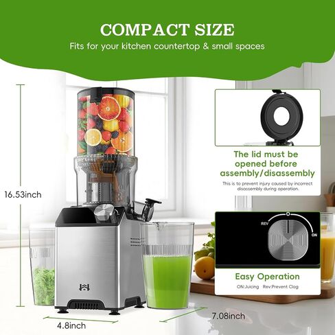 Cold Press Juicer, Wide Feed Chute Juicer Machines, Stainless Steel Slow Masticating Juicers Easy to Clean, Vegetables & Fruits Juice Extractor, High Juice Yield, Orange Auger in Saudi Arabia