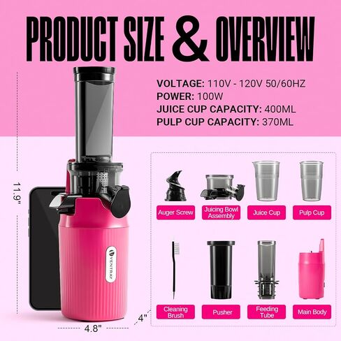 Ventray Ginnie Mini Cold Press Juicer, Small Slow Masticating Juicer for Vegetables and Fruits, High Juice Yield, Easy to Clean, Space-Saving, Fit for Personal/Travel/Picnic/Office - Pink in Saudi Arabia