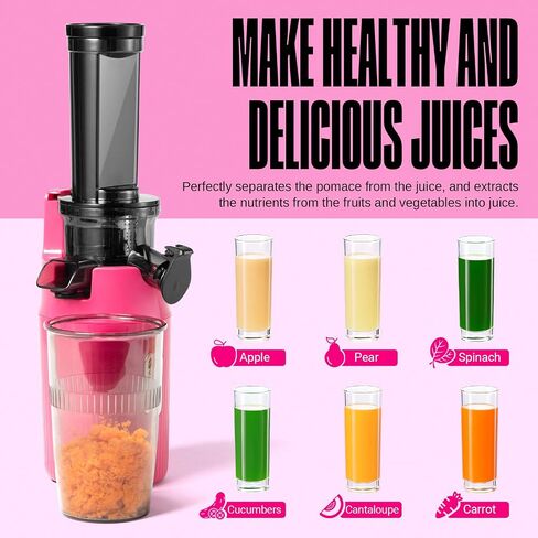 Ventray Ginnie Mini Cold Press Juicer, Small Slow Masticating Juicer for Vegetables and Fruits, High Juice Yield, Easy to Clean, Space-Saving, Fit for Personal/Travel/Picnic/Office - Pink in Saudi Arabia