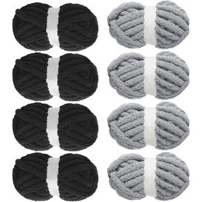 MABOZOO Assorted Chunky Yarn for Crocheting 8 Pack,Fluffy Jumbo Chenille Yarn,Soft Plush Yarn Bulky,Giant Thick Fuzzy Yarn for Hand or Arm Knitting,Black & Medium Grey(31.7 yds,8 oz Each Skein) in Kuwait