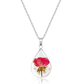 Jayden Silver Necklace for Women,Birth Flower Necklace,Lily of the Valley May Month Real Flower,Handmade Resin Necklaces,Represents Happiness,Purity,And Sweet Love,Unique Gift,Teardrop Pendant - 18"
