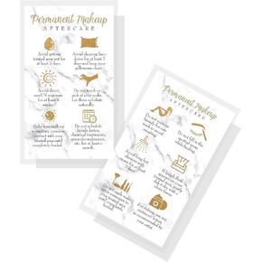 Permanent Makeup Aftercare Instructions Card | 50 Pack 2x3.5 inch inches Business Size PMU Mable Look with Non-Metallic Gold Color Design, marble, black, gold, white, black