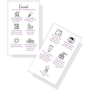 Boutique Marketing LLC Facial Aftercare Cards | 50 Pack | Size 2 x 3.5" inches Business Card Size | Esthetician | Aftercare Instructions White with Purple Text Design, black, white, purple