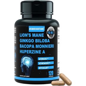 QIN SHAN TANG Brain Supplements for Memory and Focus 10 in 1, Nootropics Health Support with Lion's Mane Mushroom, Alpha GPC, Ginkgo Biloba, Bacopa Monnieri & More, 120 Vegan Capsules