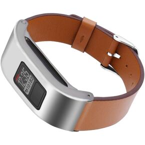 DuiGong Leather Strap Compatible for Garmin vivofit 3 Replacement Band with Silver Stainless Steel Protector Case, S/M & M/L (Black)