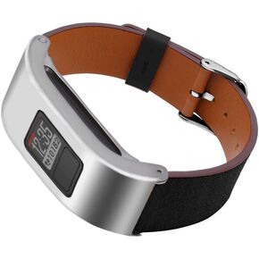 حزام جلد DuiGong متوافق مع حزام بديل Garmin vivofit 3 مع حافظة حماية فضية من الفولاذ المقاوم للصدأ، S/M & M/L (أسود)