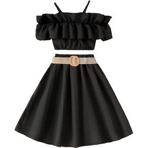 OYOANGLE Girl's 2 Piece Outfits Pleated Ruffle Trim Short Sleeve Boho Crop Top and Belted A Line Long Skirt Sets