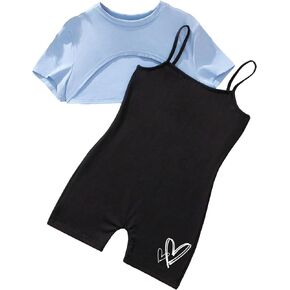 SweatyRocks Girl's 2 Piece Outfits Cut Out Short Sleeve Crop Top and Heart Print Cami Short Jumpsuit Set