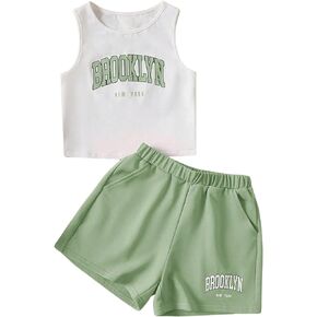 Floerns Girl's Summer Letter Graphic Tank Top Sport Shorts Sets 2 Piece Outfit