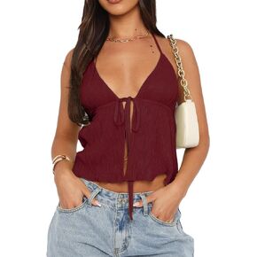 Women Y2k Front Tie Crop Tops Halter Neck Flowy Plisse Summer Going Out Top Sexy Split Sleeveless Cami Shirt