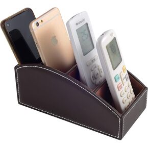 TV Remote Control Holder with 4 Compartments,Pu Leather Remote Caddy Nightstand Decoration Media Remote Caddy Glasses Box makeup brush Pen Mobile phones Organizer Tray (Black)