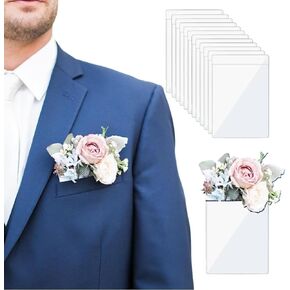 Pocket Boutonniere Holder Plastic Square Flower Sleeve Horizontal, 12 Pack for Groom Groomsmen, Prom and Homecoming, Fits in Suit Jacket Chest Pocket, No need to Poke Holes(FLOWERS NOT INCLUDED)