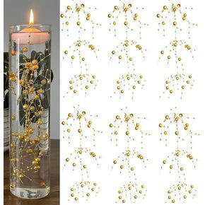 12 Pcs Pearl String Set for Floating Candles Centerpiece, Gold Faux Pearl Beads Vase Filler for Wedding Table Christmas Tree Decor Centerpiece. (Gold)